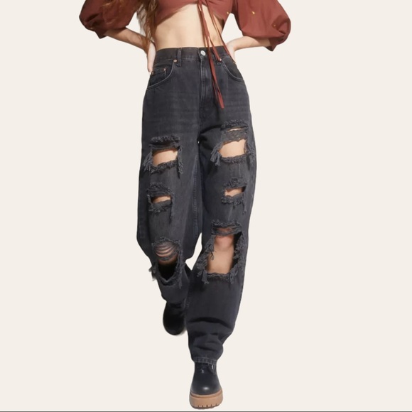 BDG Urban Outfitters High Waist Baggy Jeans Distressed Charcoal Grey Size 26